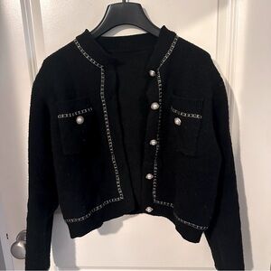 Black Pearl Button Tweed-Style Cardigan Jacket